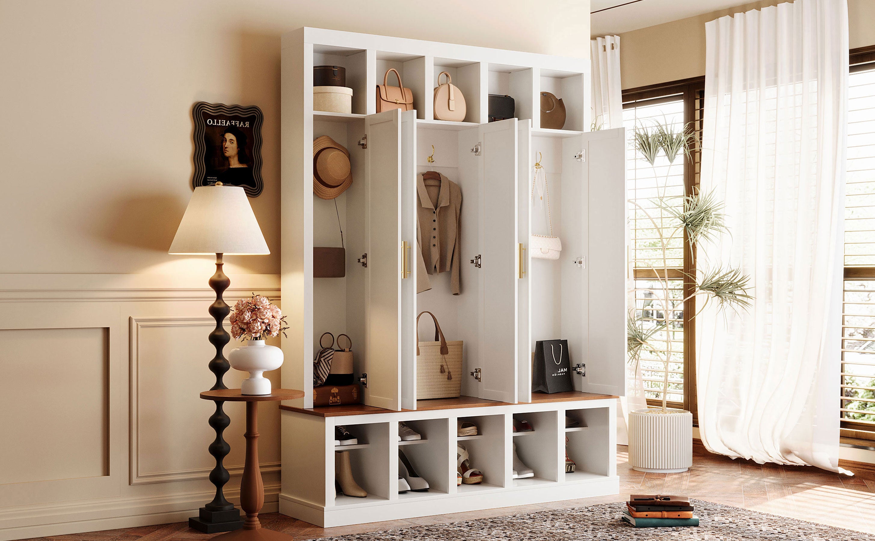 U-Can Farmhouse Entryway Storage Cabinet with Shoe Rack & Display Cubbies