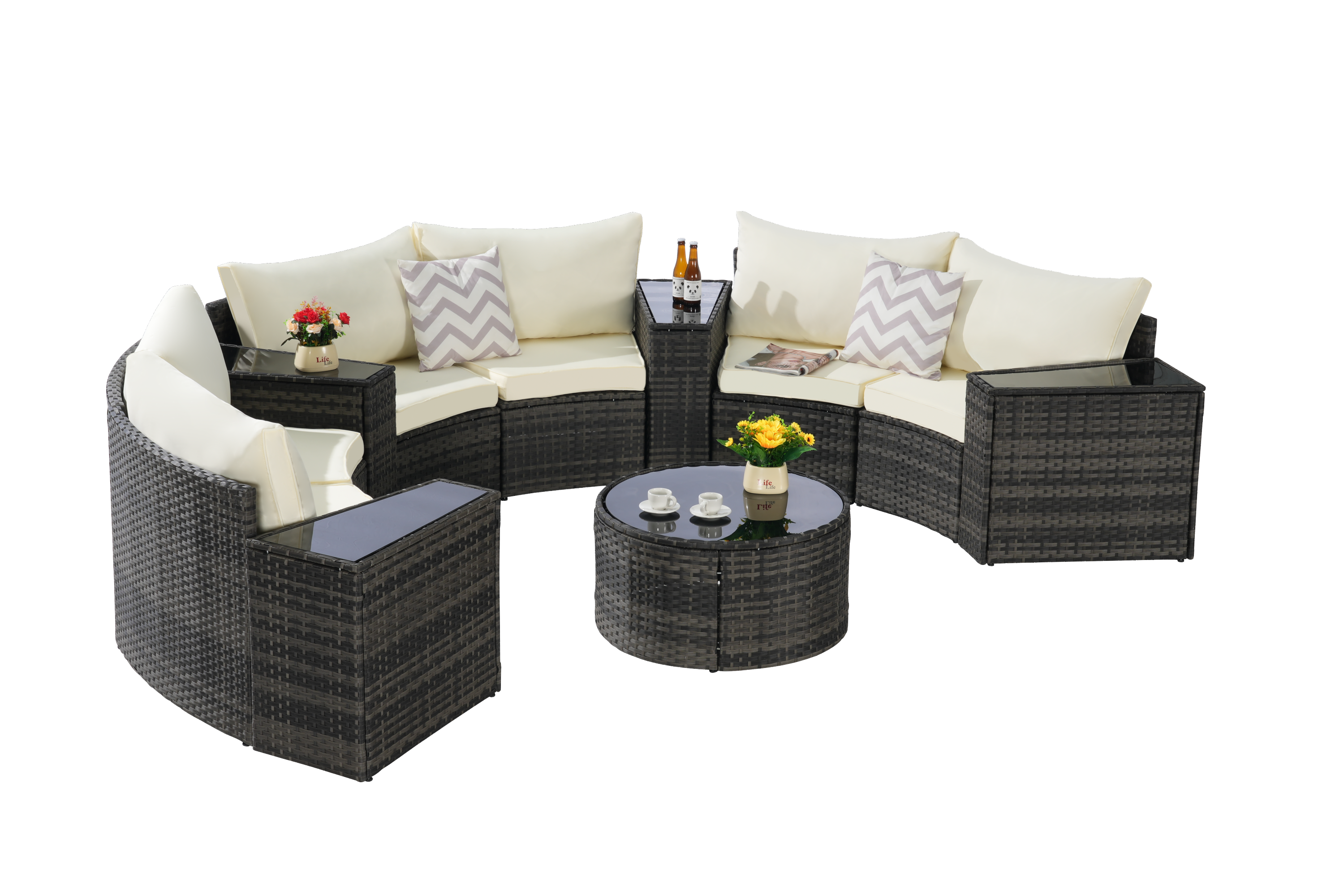 Outdoor Patio Furniture 11-Piece Half-Moon Sectional Round Patio Set Sofa with Tempered Glass Round Coffee Table