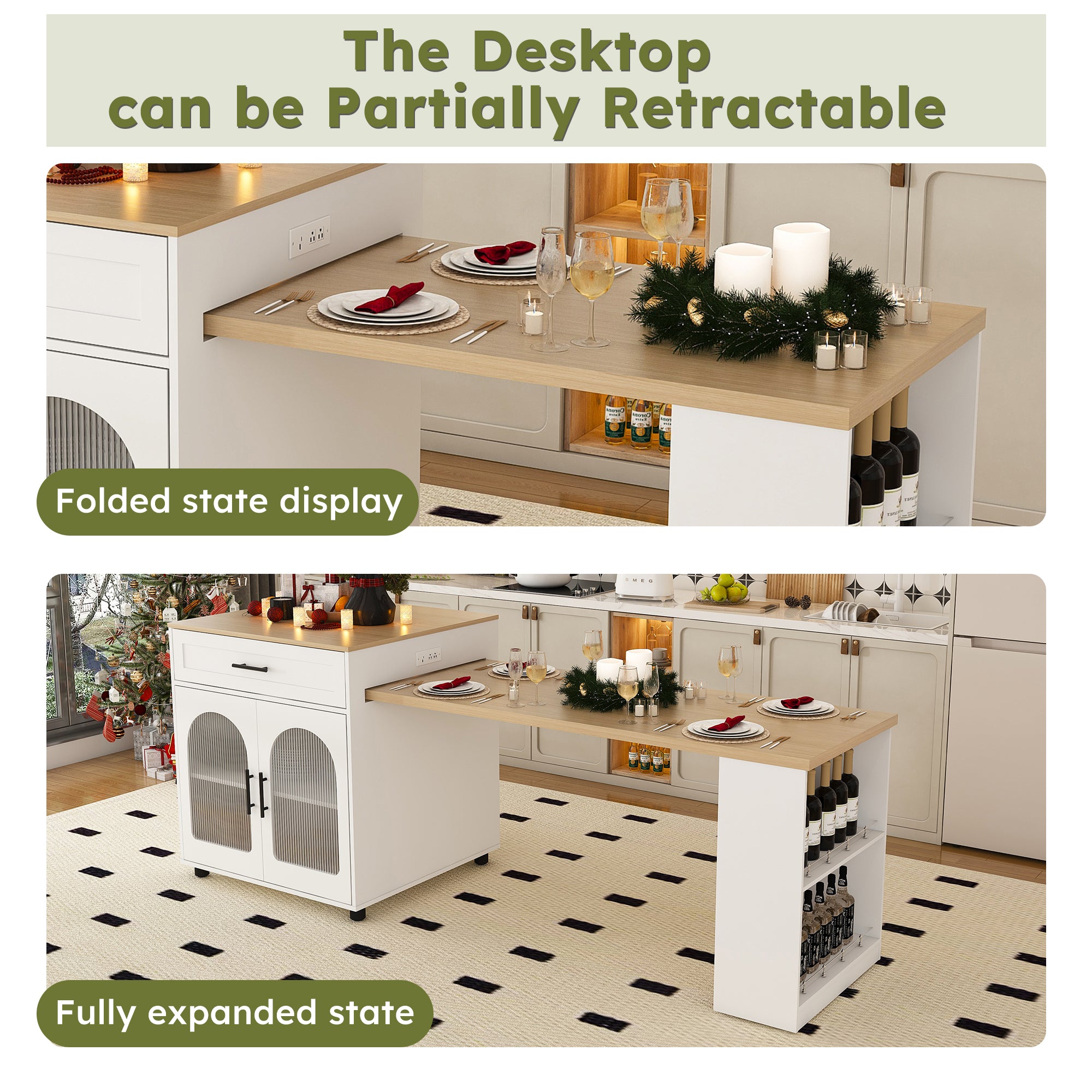 80-Inch Expandable Kitchen Island with Dining Table