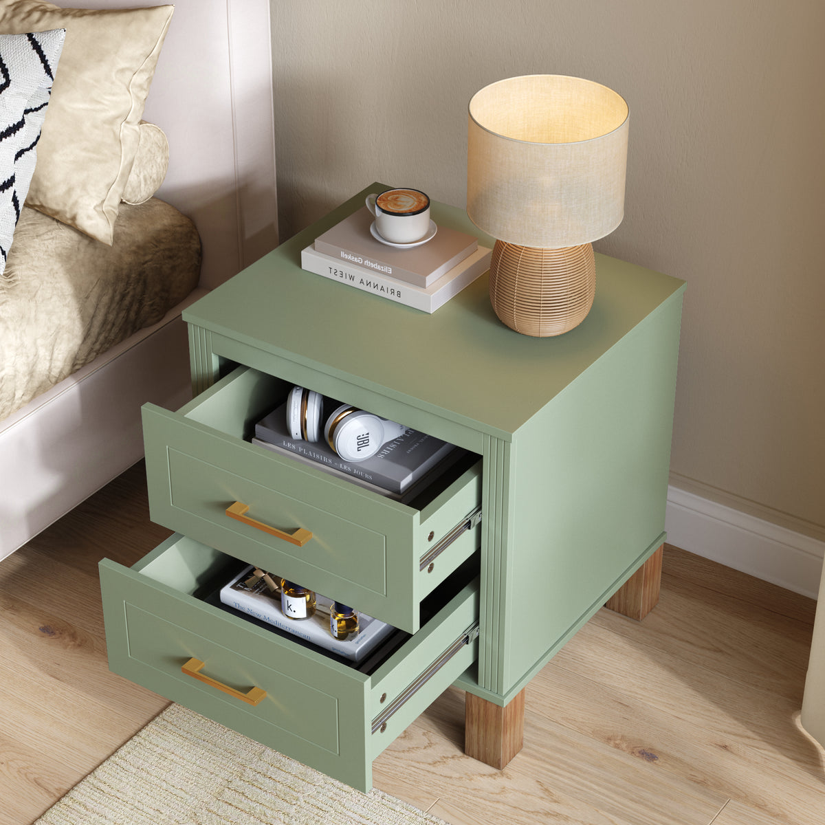 2-Drawer Nightstand with Fluted Design and Solid Wood Legs, Sage Green