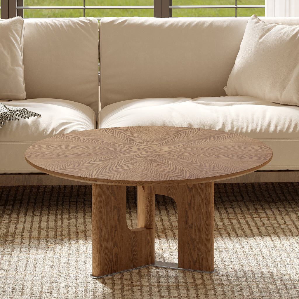 31.5 Inches Round Rustic Ash Wood Veneer Coffee Table