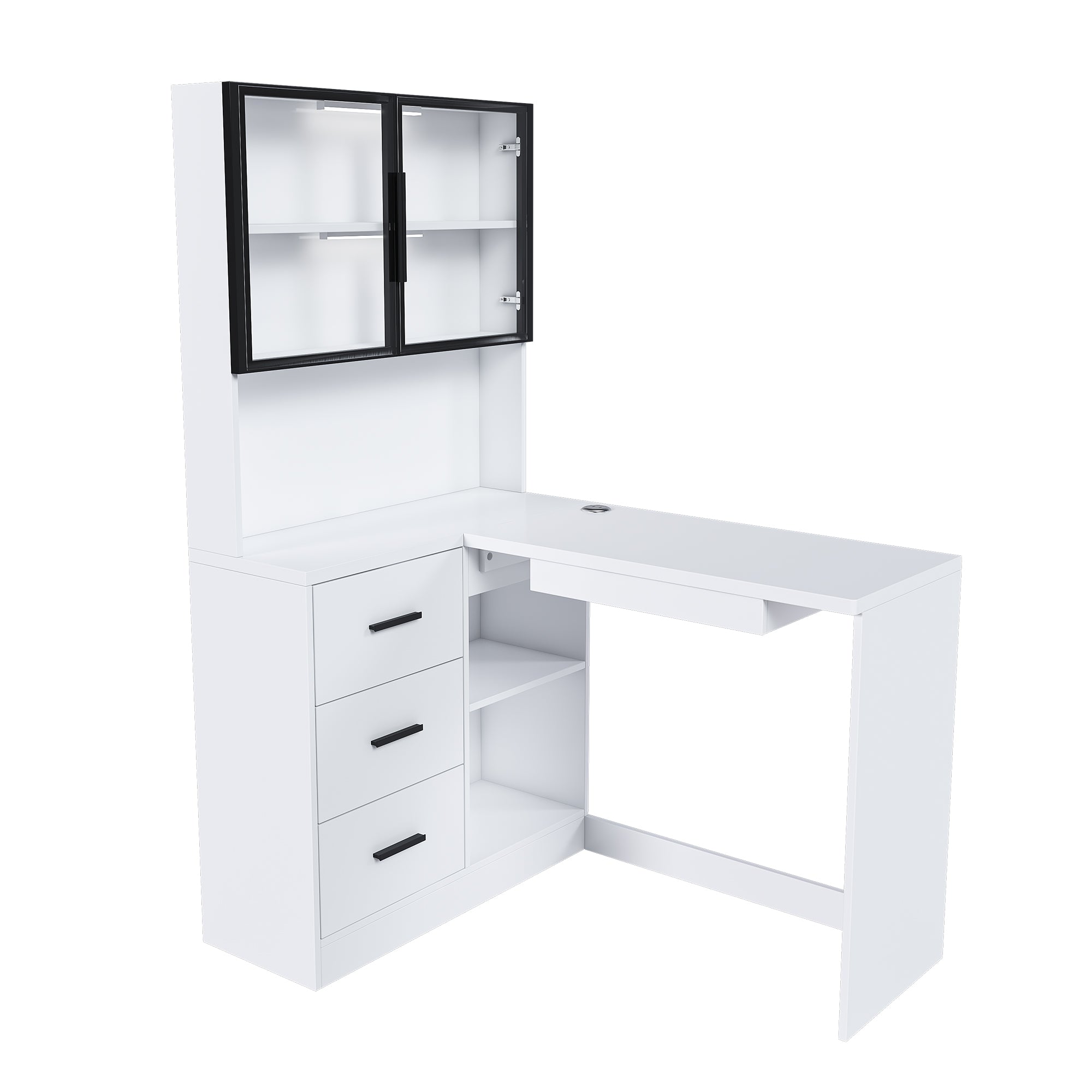 Computer Desk with Glass Cabinets & Built-In LED Lights