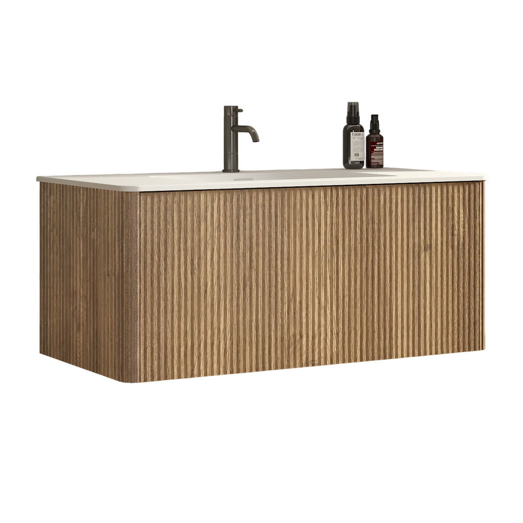 Etna 36-Inch Oak Striped Bathroom Vanity with White Solid Surface Sink