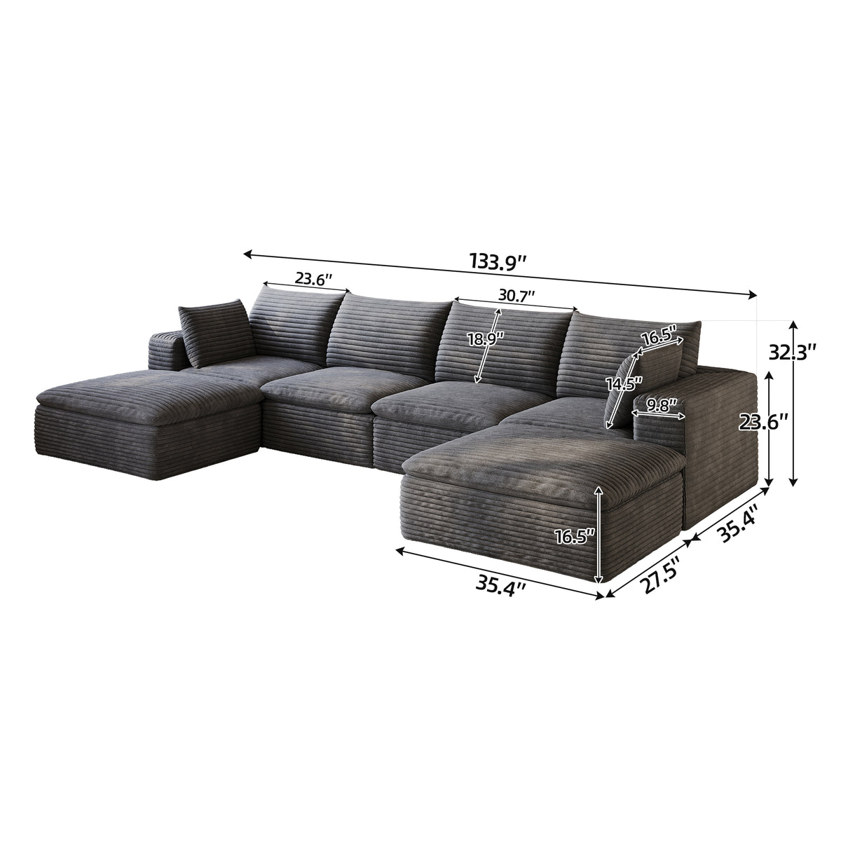 134" Cloud Sofa - Dark Grey Corduroy Fabric