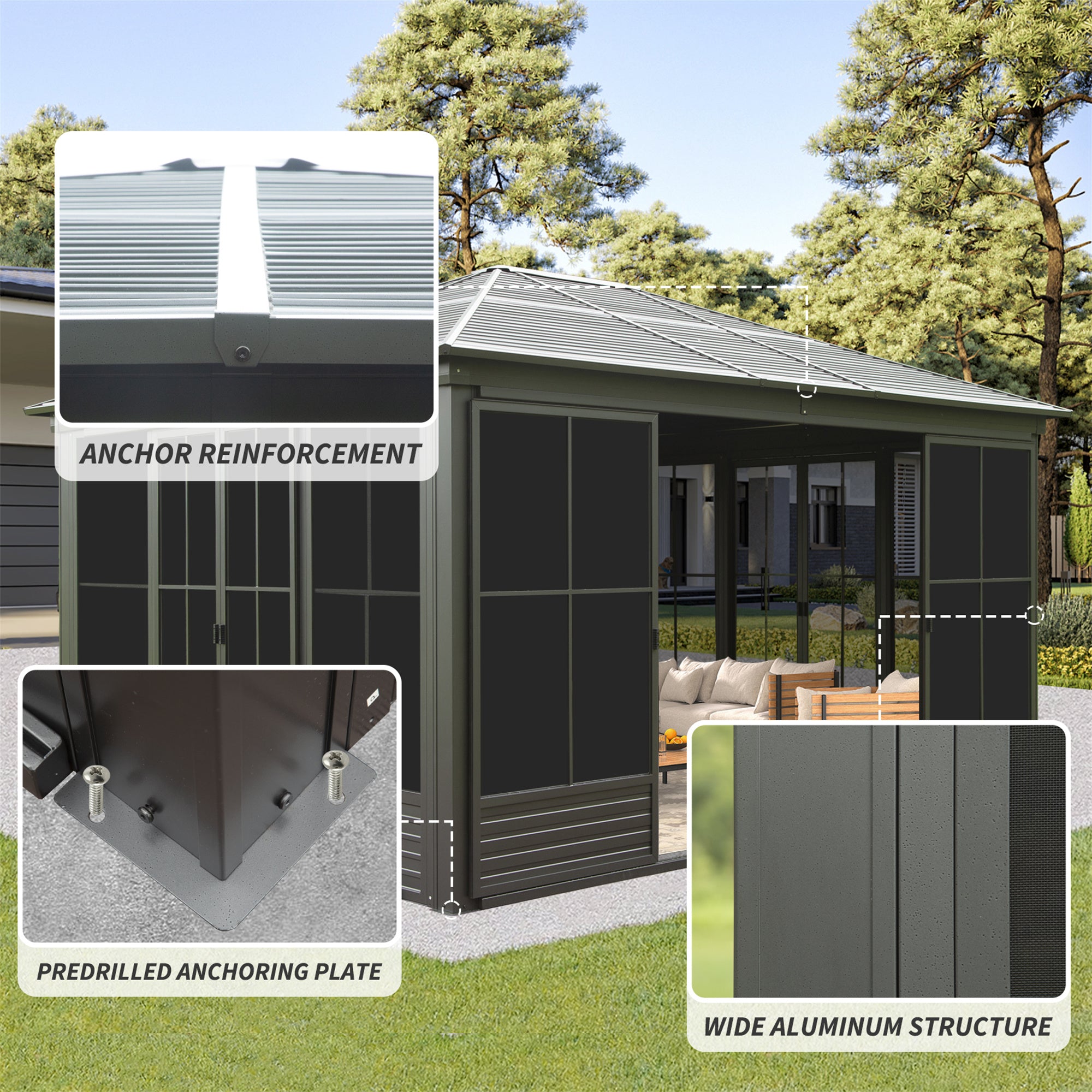 12x14FT Outdoor Sunroom, Galvanized Steel Hardtop Gazebo