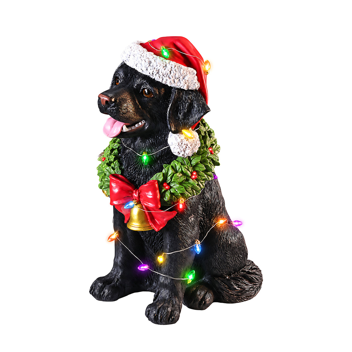 Lighted Christmas Labrador Retriever Dog Statue, Santa Hat, Black