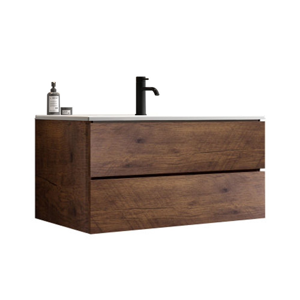 TIA 36-Inch Wall-Mounted Bathroom Vanity, Walnut with Ceramic Sink