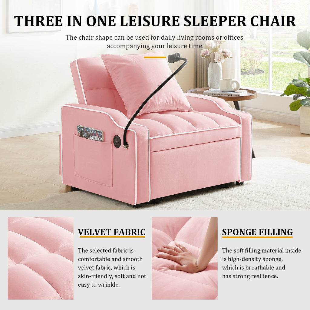 3-in-1 Convertible Sleeper Chair, Pink Velvet with USB Charging