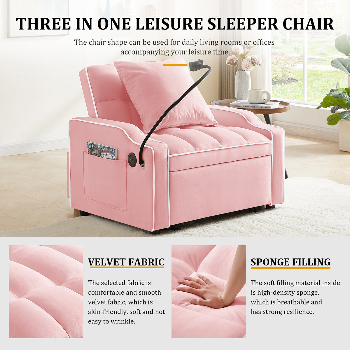 3-in-1 Convertible Sleeper Chair, Pink Velvet with USB Charging