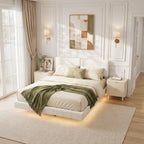 White Boucle Floating Bed with Light, King