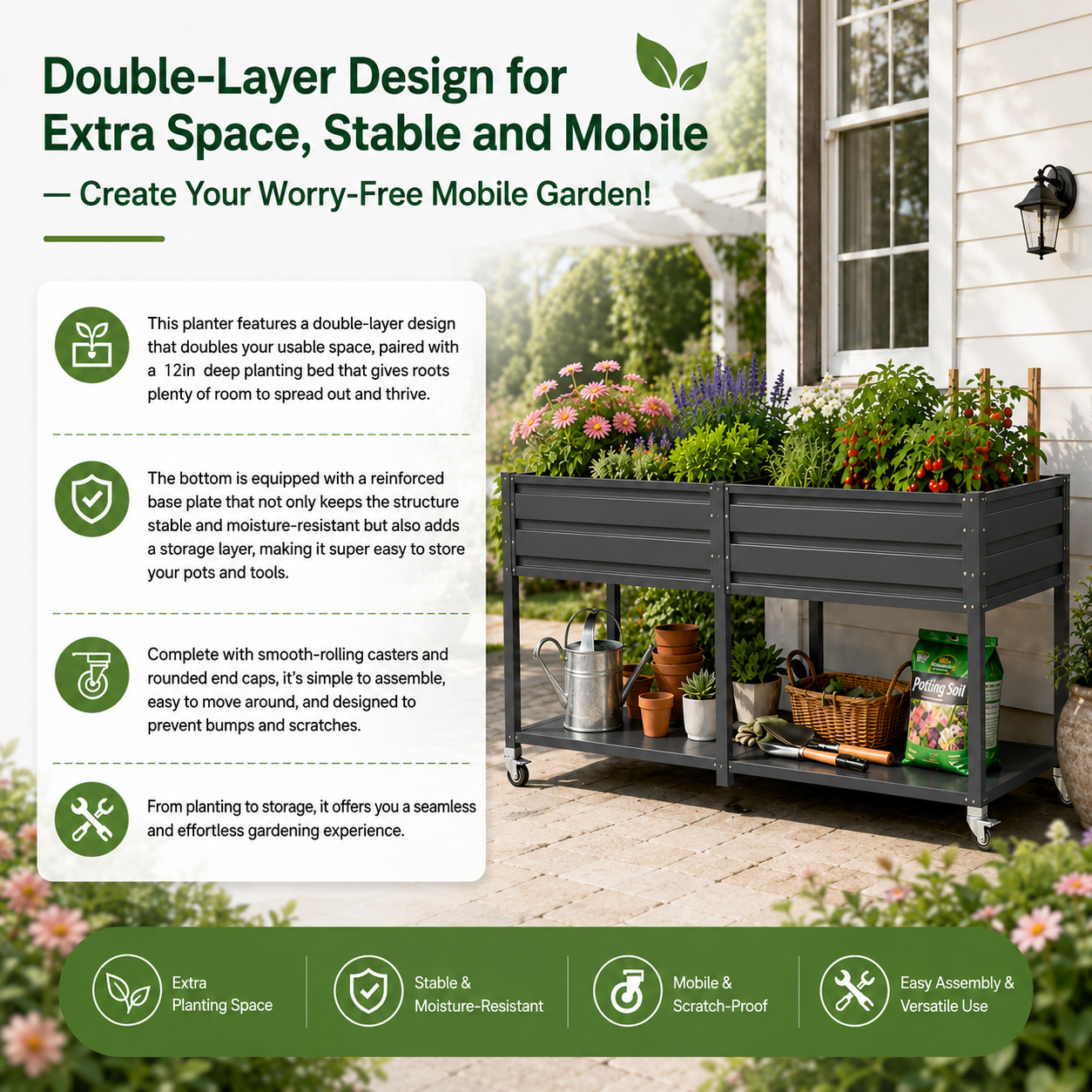 2-Tier Elevated Metal Wicking Garden Bed with Lockable Wheels