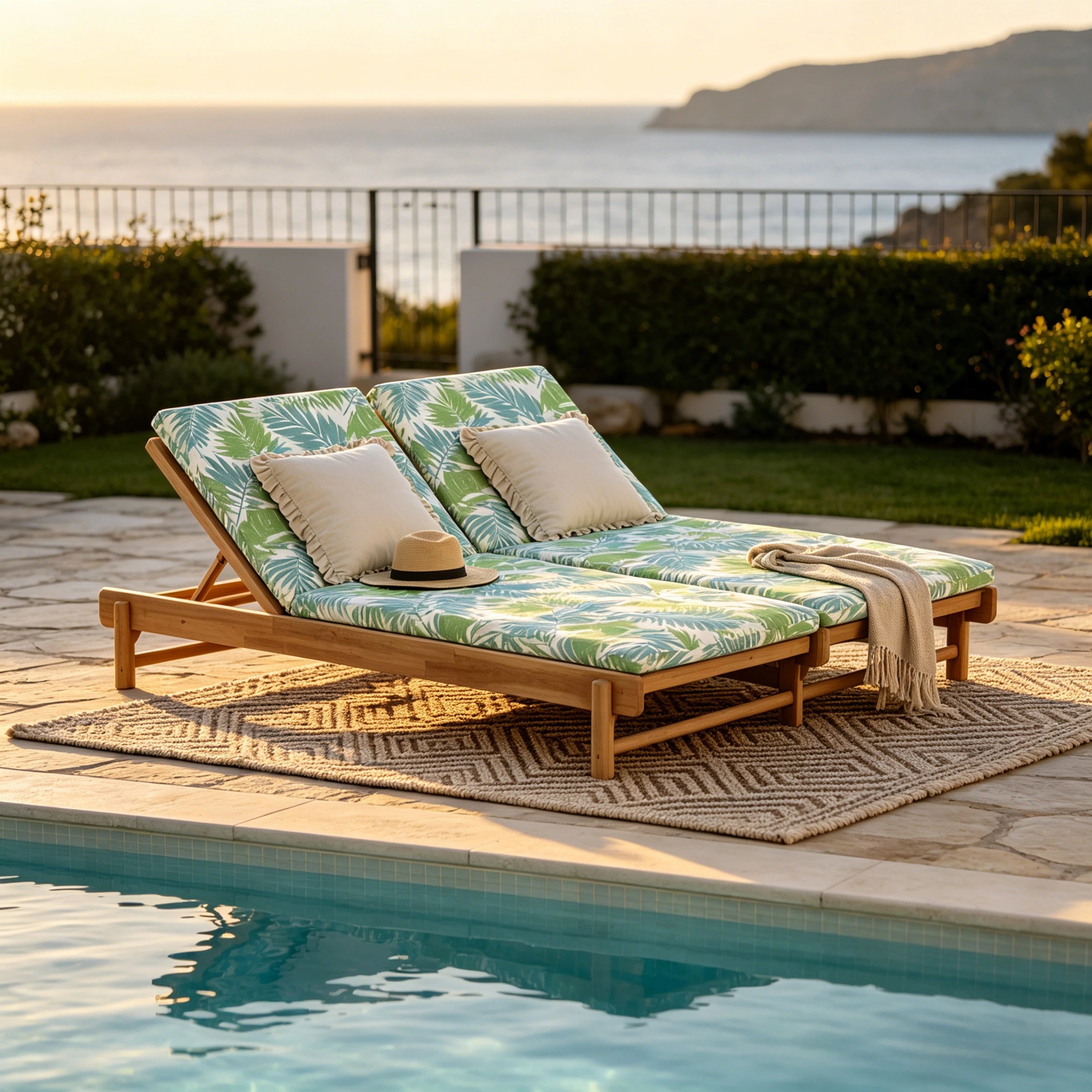 Light Teak Acacia Wood Double Chaise Lounger Set