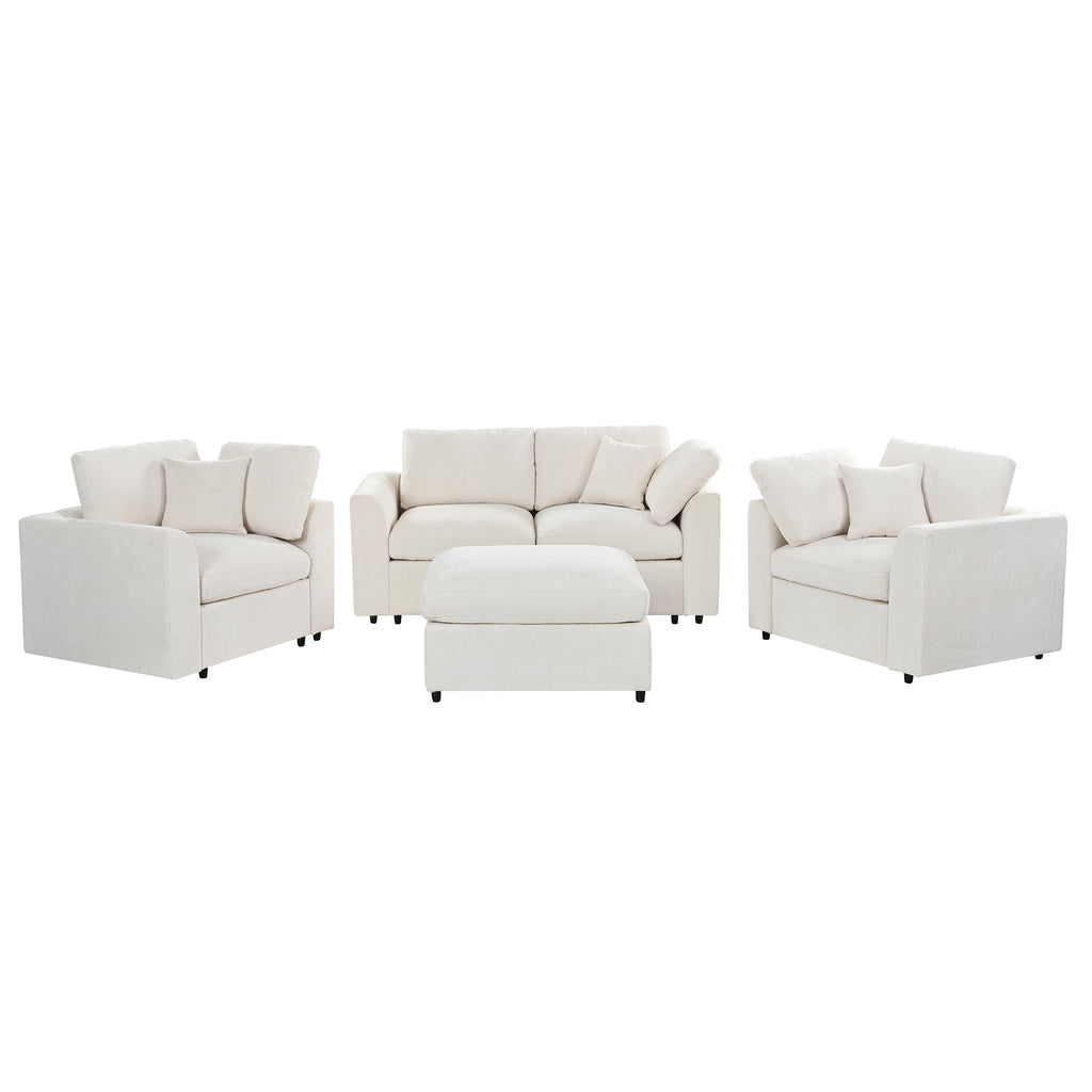 U-Style 4-Piece Sofa Set, 2 Accent Chairs + Loveseat + Movable Ottoman