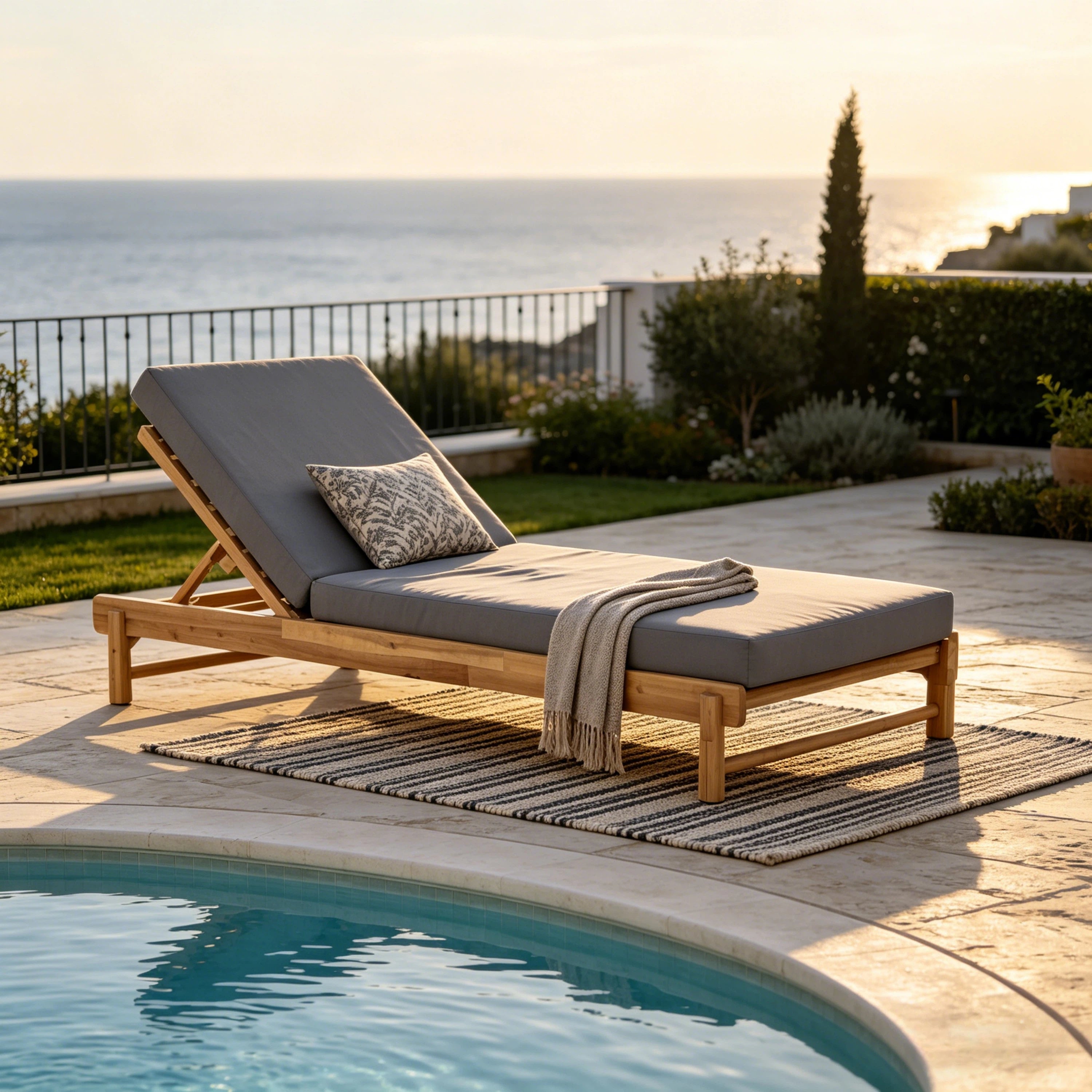 Light Teak Acacia Wood Chaise Lounge Set: 1 Frame + 1 Dark