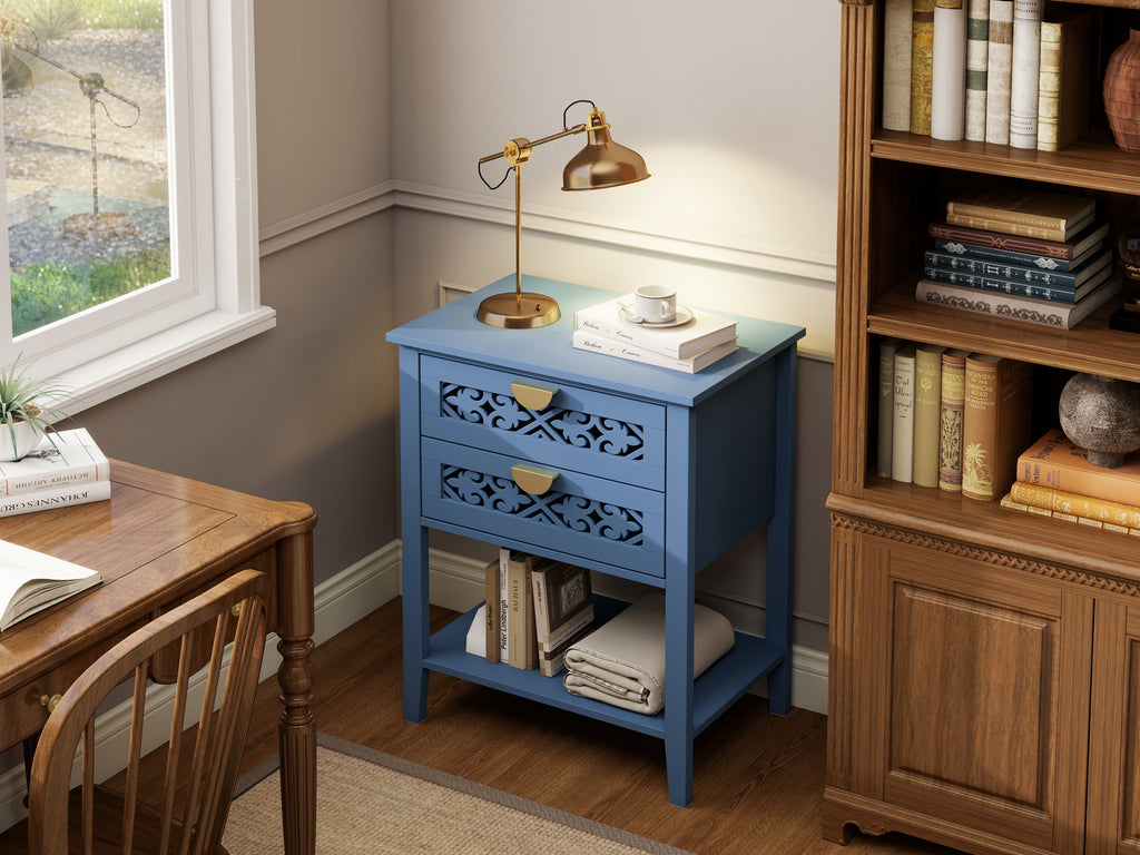 Dusty Blue 2-Drawer Nightstand with Carved Lattice Fronts, Gold Pulls