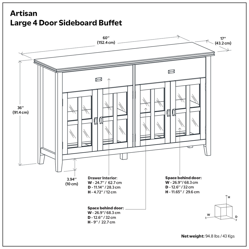 Artisan Solid Wood Large 4 Door Sideboard Buffet in Dark Chestnut