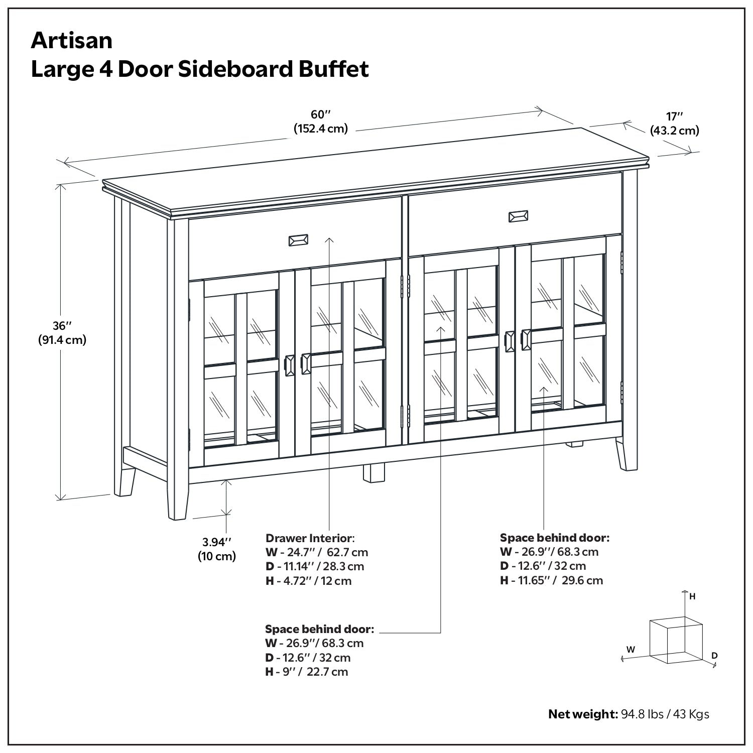 Artisan Solid Wood Large 4 Door Sideboard Buffet in Dark Chestnut