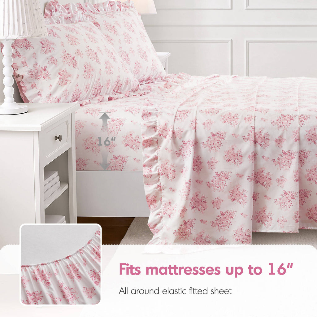 4-Piece Full Microfiber Sheet Set, Pink Floral, Ruffled Hem