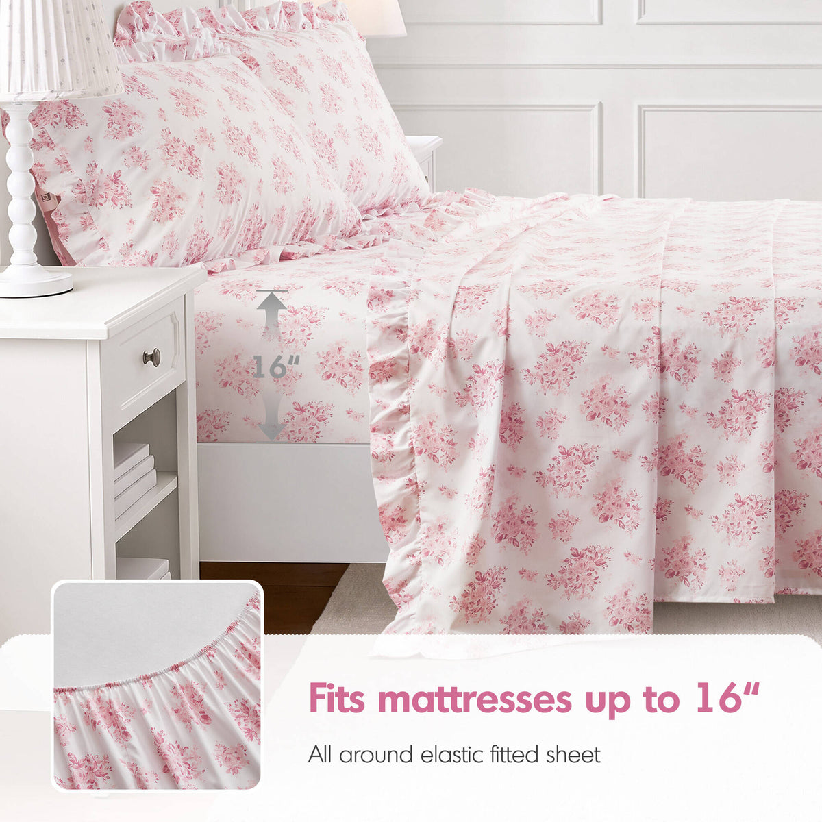 4-Piece Full Microfiber Sheet Set, Pink Floral, Ruffled Hem
