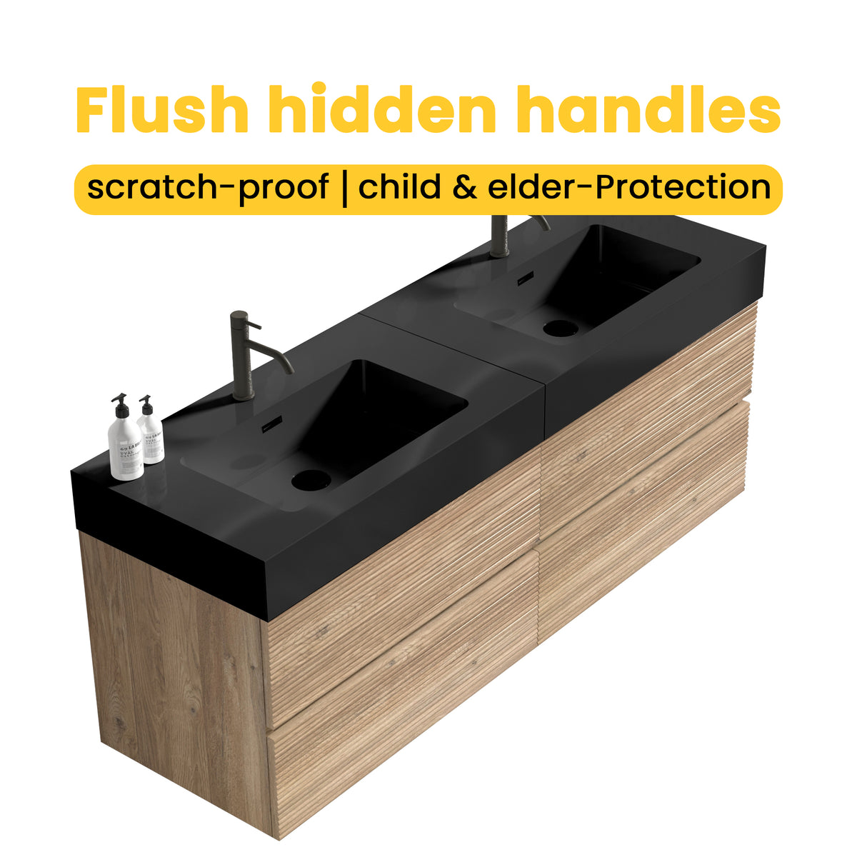 Grace 60-Inch Double Drawer Wall-Mount Bathroom Vanity, Black Oak with Solid Surface Sink