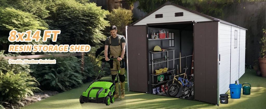 8x14x7.6 Ft Outdoor Resin Storage Shed with Windows