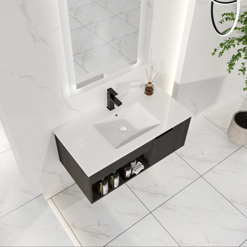 36" Wall-Mounted Floating Bathroom Vanity with Ceramic Sink – Modern Dark