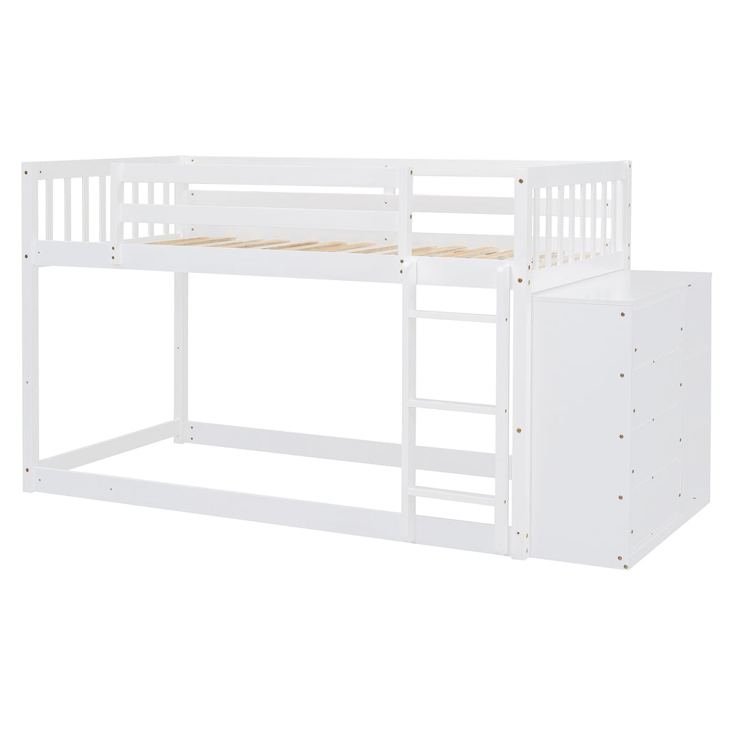Twin Over Twin Bunk Bed with 4 Drawers and 3 Shelves - White