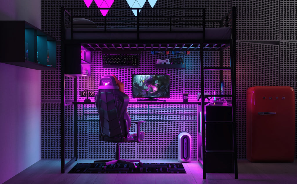Full Size Metal Loft Bed With LED, Desk And 4 Storage Shelves