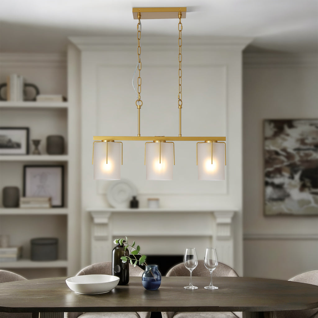 Modern Gold 3-Light Linear Chandelier with Frosted Glass Shades