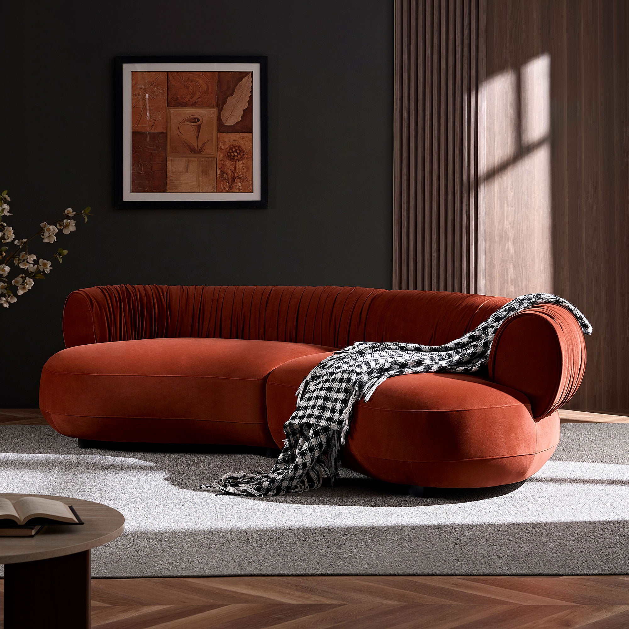 Modern Curved Sofa with Elegant Crescent Silhouette in Orange-Red