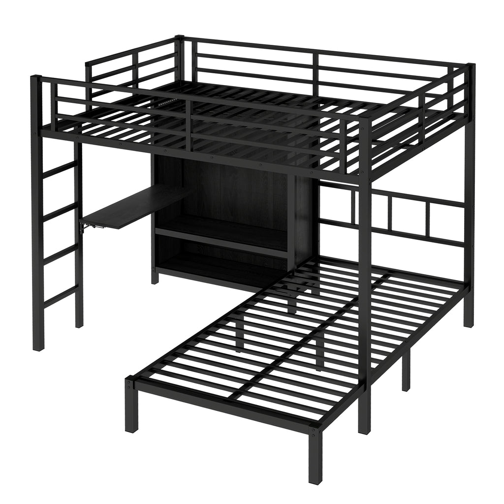 Full XL Over Twin Metal Bunk Bed with Folding Desk and LED Closet