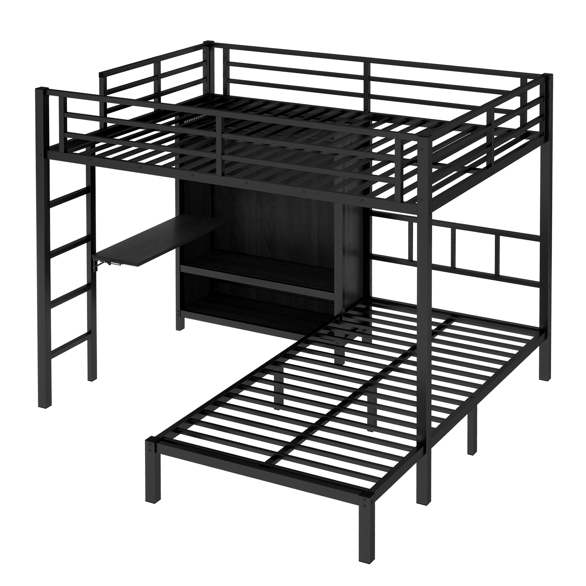 Full XL Over Twin Metal Bunk Bed with Folding Desk and LED Closet