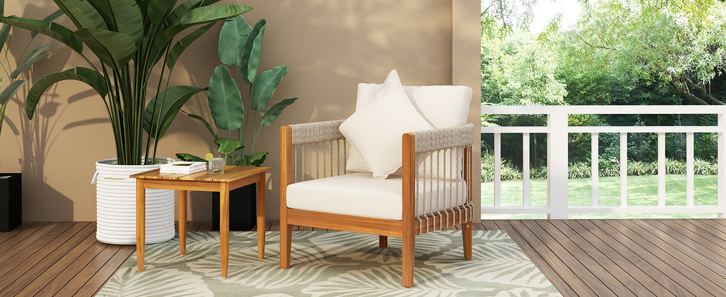 Acacia Wood Outdoor Club Chair with Handwoven Rope Accents & Curved Backrest