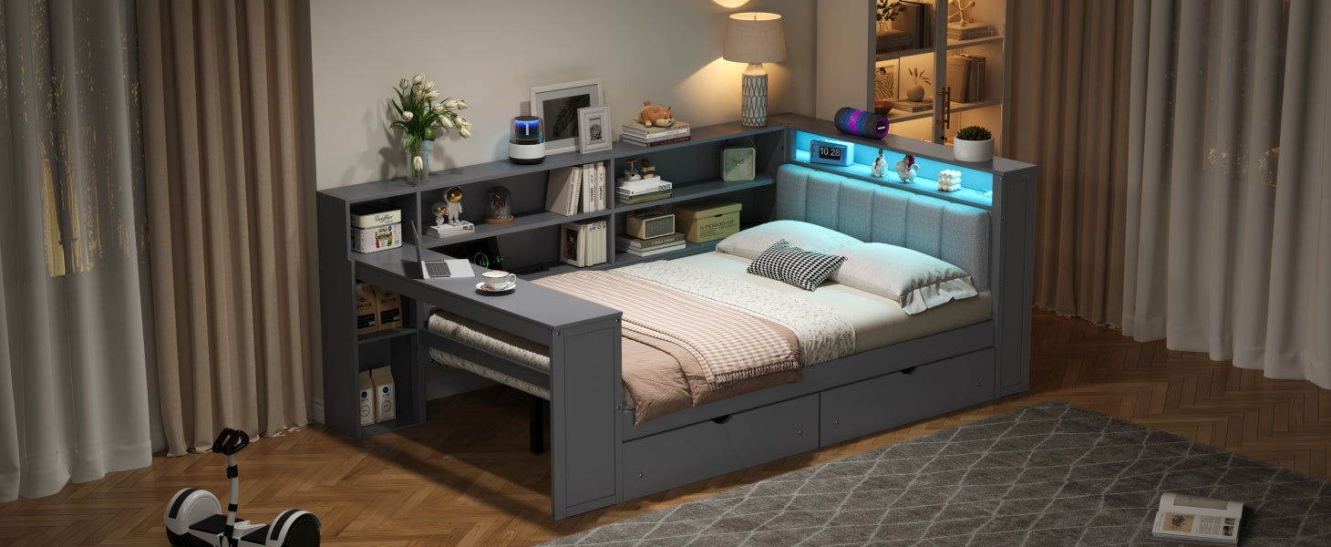 Wood Full Size Platform Bed with Storage Shelves and Charging Station