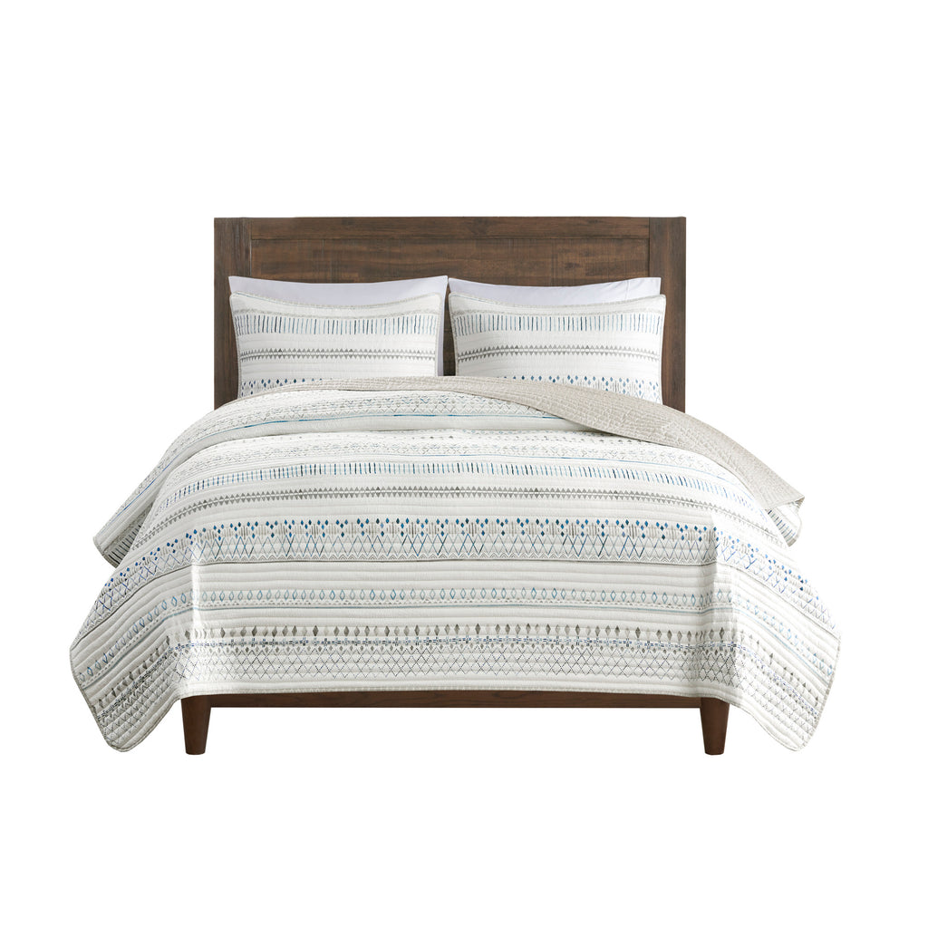 3 Piece Seersucker Quilt Set Taupe/Blue Full/Queen