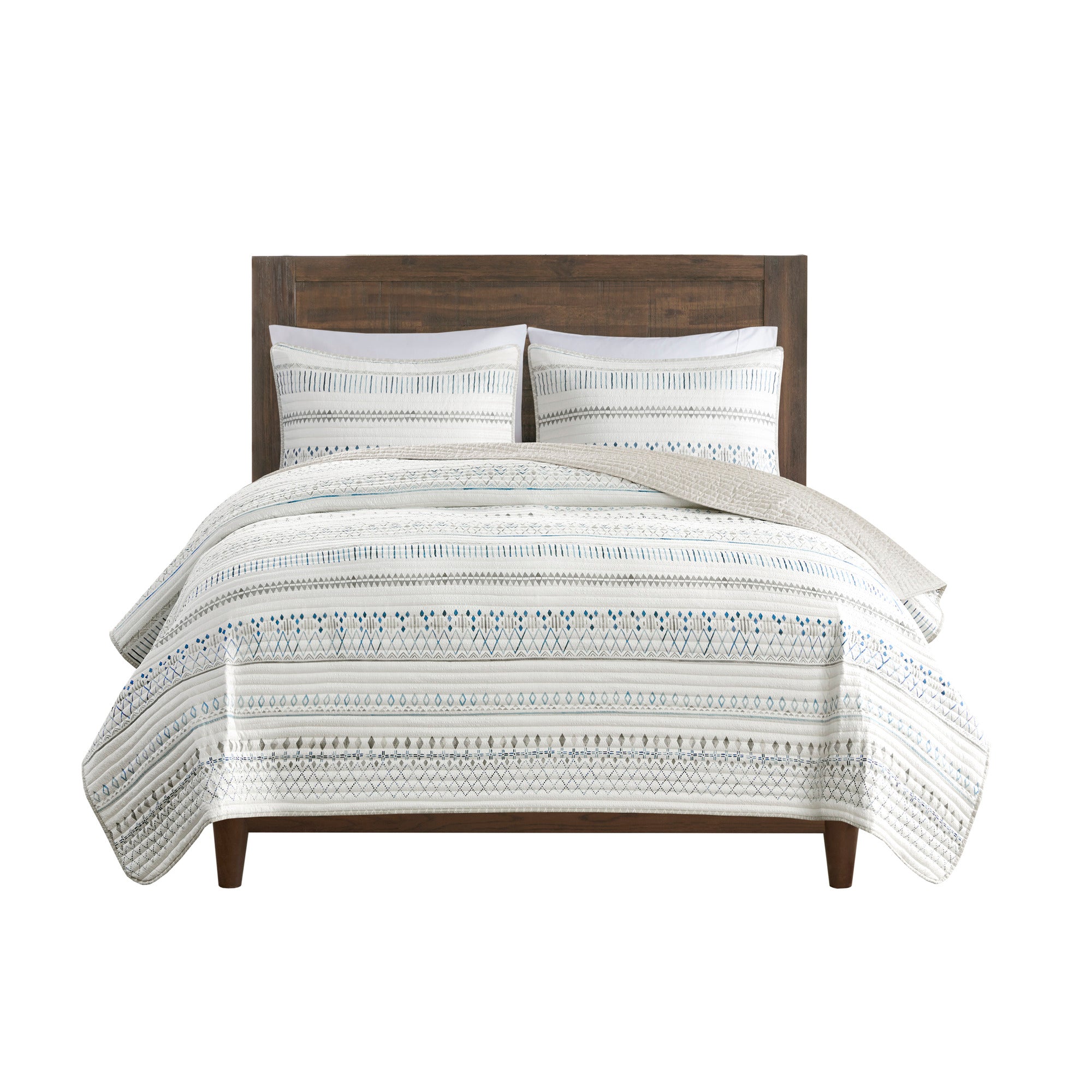 3 Piece Seersucker Quilt Set Taupe/Blue Full/Queen