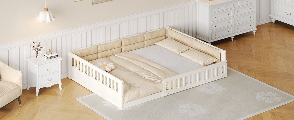 Wood Full Size Upholstered Platform Bed with Guardrail and Pillow