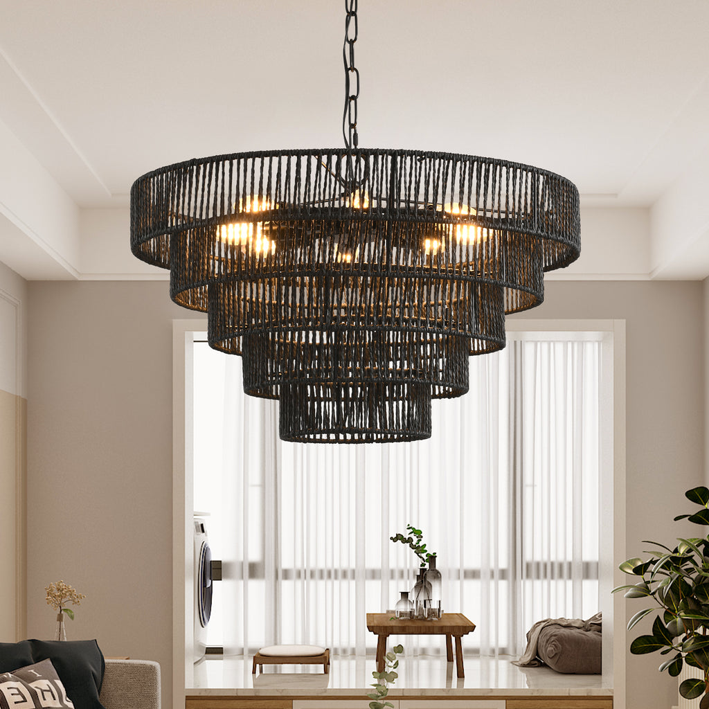 24" Rustic 5-Tier Black Hemp Rope Pendant Light