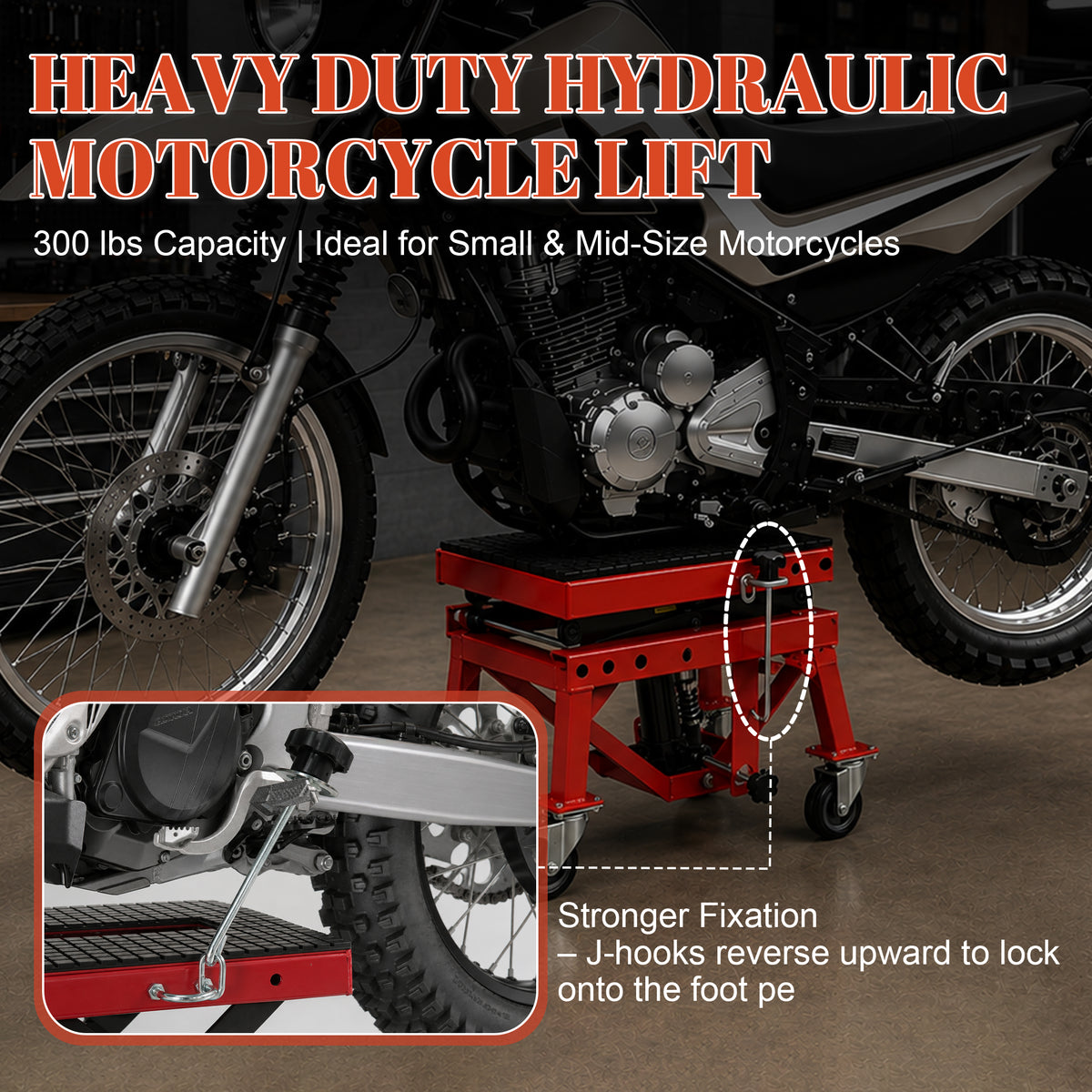300 LBS Hydraulic Motorcycle Lift Table, Heavy Duty Foot Pedal Scissor Jack with Wide Deck, J-Hooks & 4 Wheels, Mini Lift Stand for ATV Dirt Bike Motorbike Garage Repair Hoist