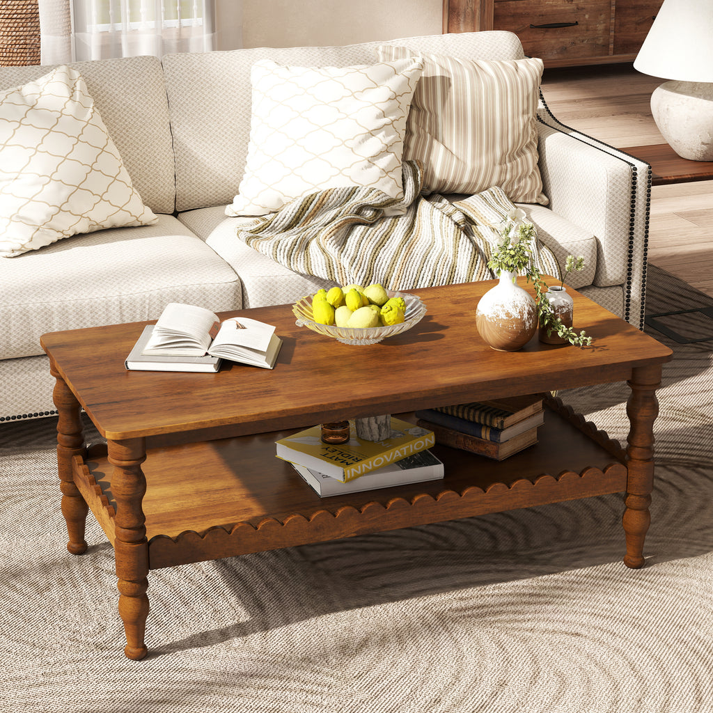 Rectangle Coffee Table Solid Wood Coffee Table with Storage Shelf,Farmhouse 2-Tier Center Table Lacquered Classical Legs,Easy Assembly Apartment Center Sofa Table  for Living Room