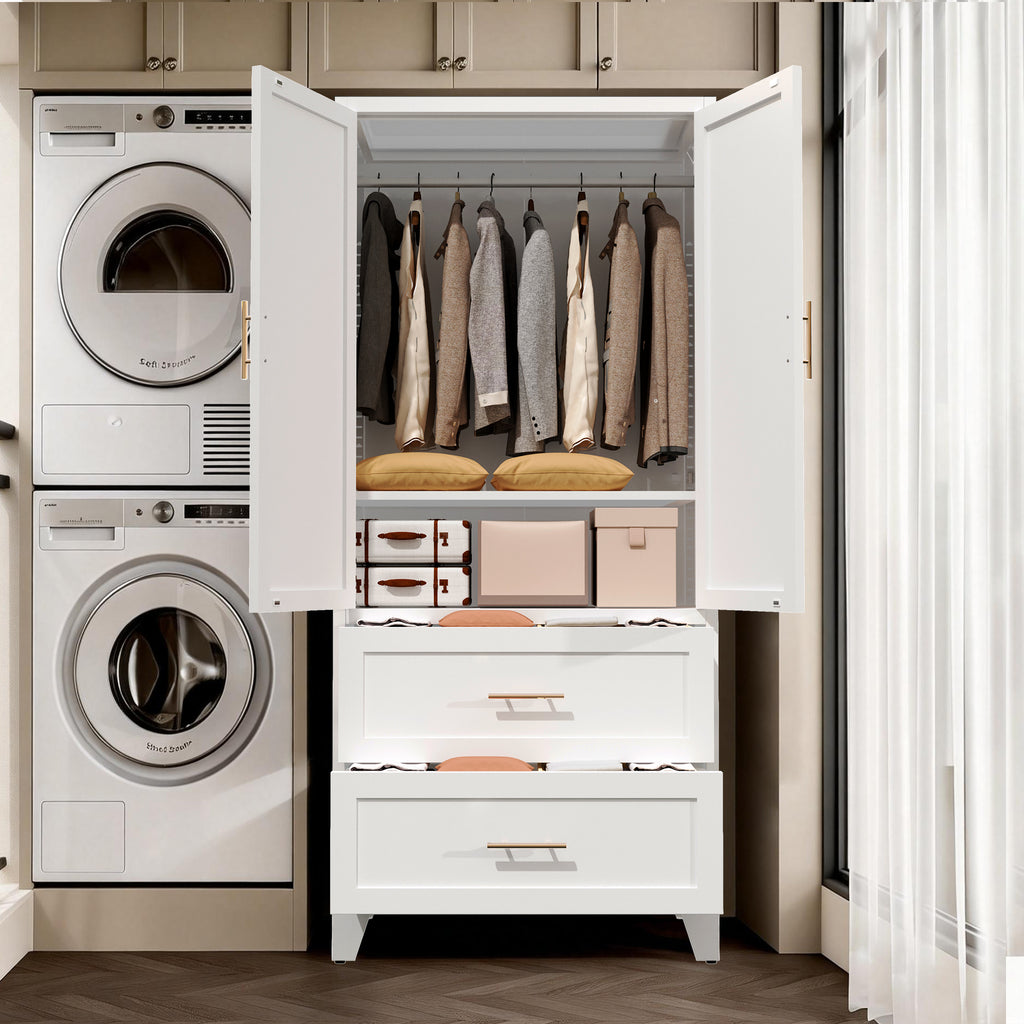71" Tall Metal Wardrobe Cabinet with 2 Drawers and Hanging Rod