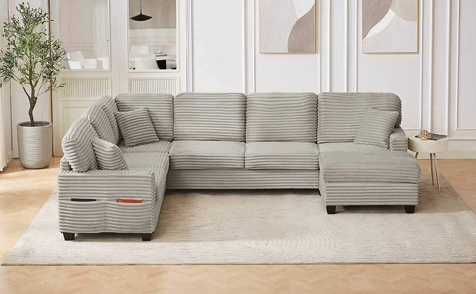U-Shaped Sectional Sofa with Movable Ottoman and Side Storage Pockets