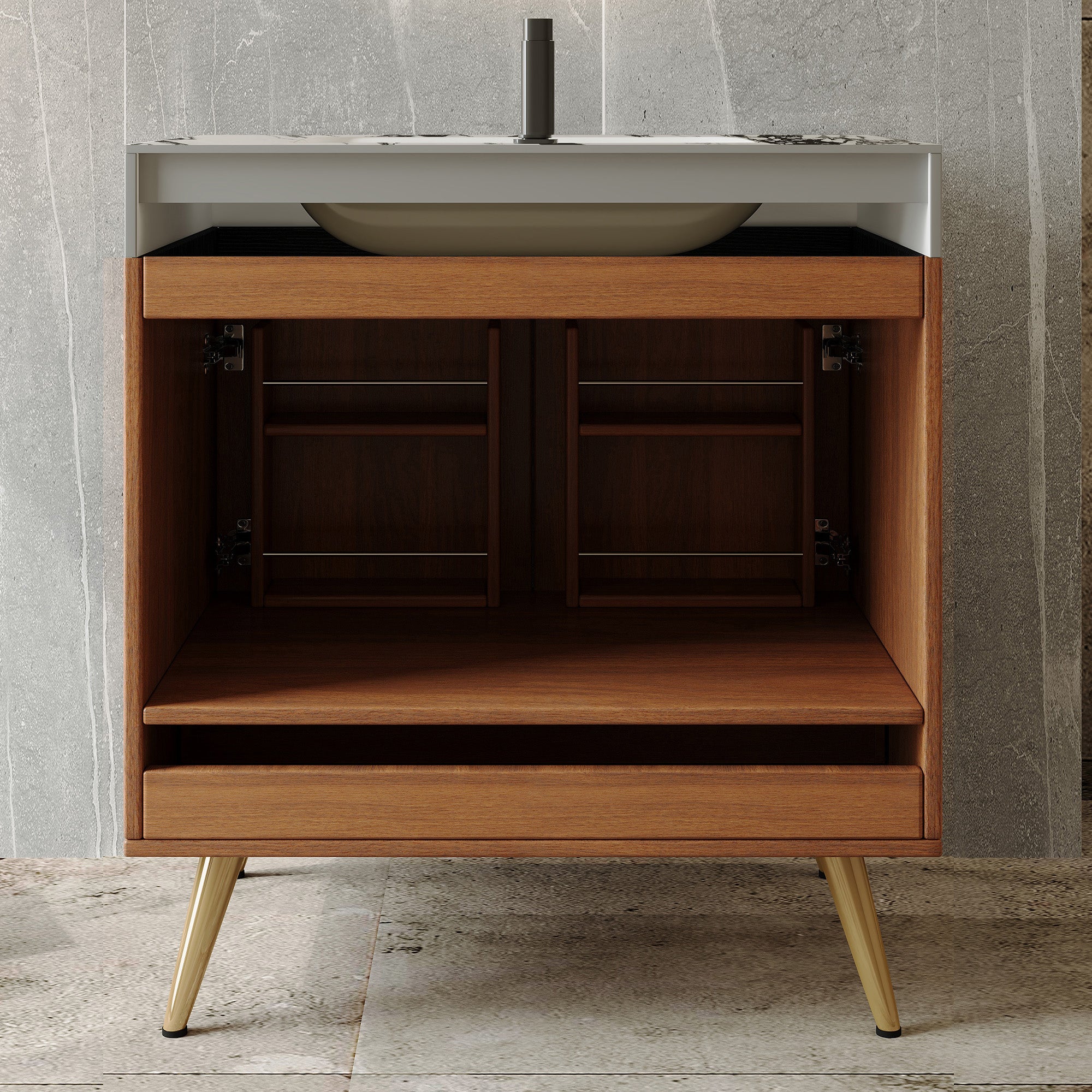 Mid-Century Freestanding Bathroom Vanity with Faux Marble Top