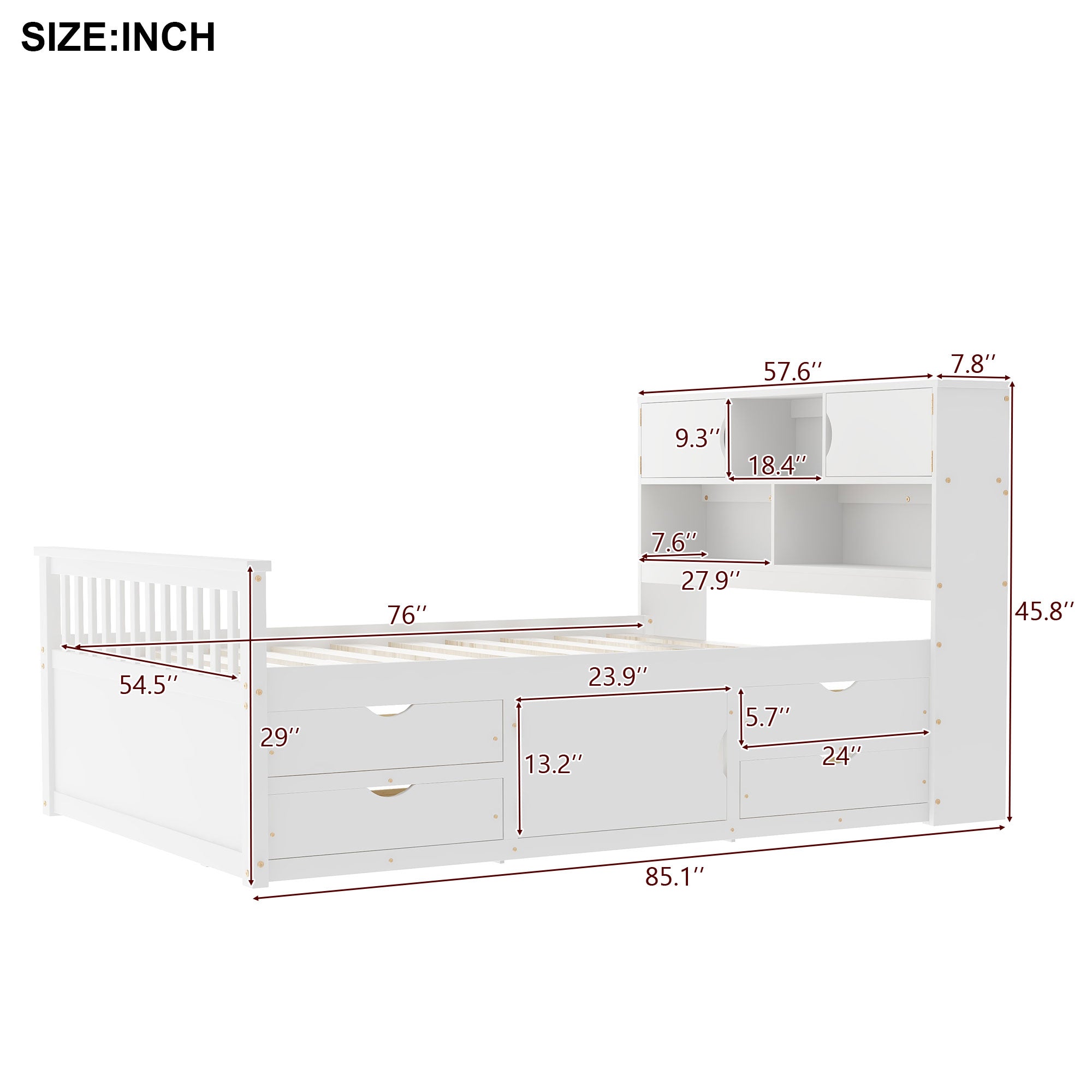 Full Size Captain Platform Bed Frame with Storage Bookcases and Shelves