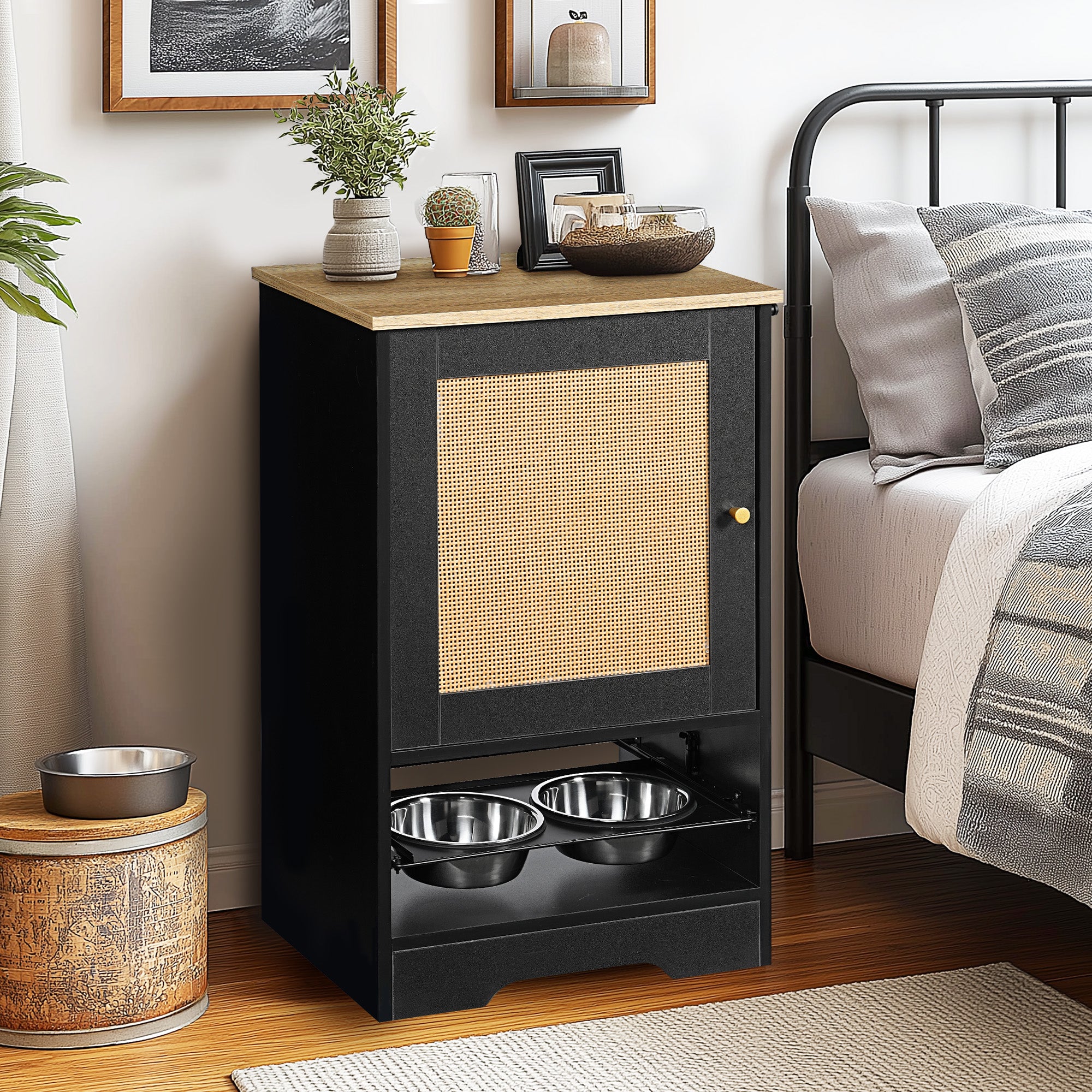 Feeding Station with Storage Cabinets and Elevated Bowls