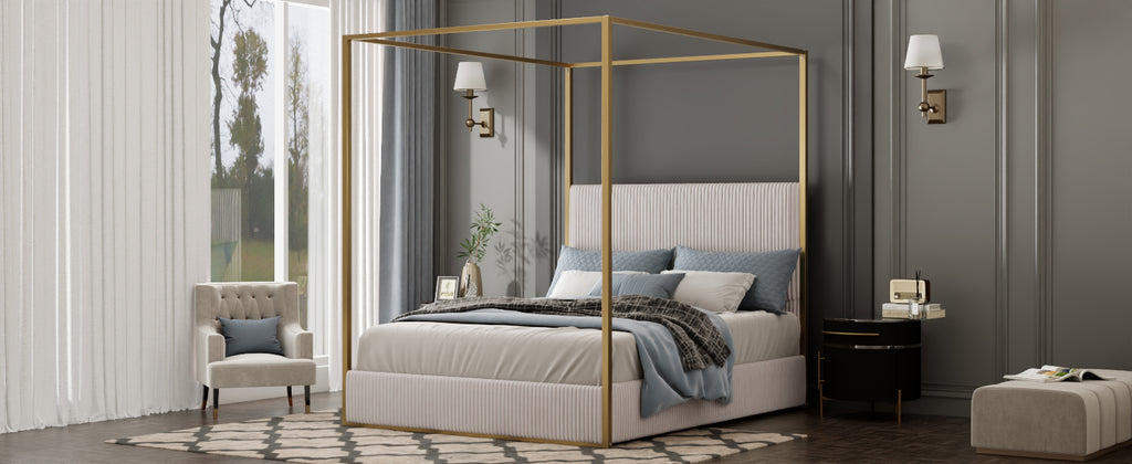 Modern Luxury Metal Canopy Bed with Tall Corduroy Upholstered Headboard