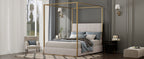 Modern Luxury Metal Canopy Bed with Tall Corduroy Upholstered Headboard