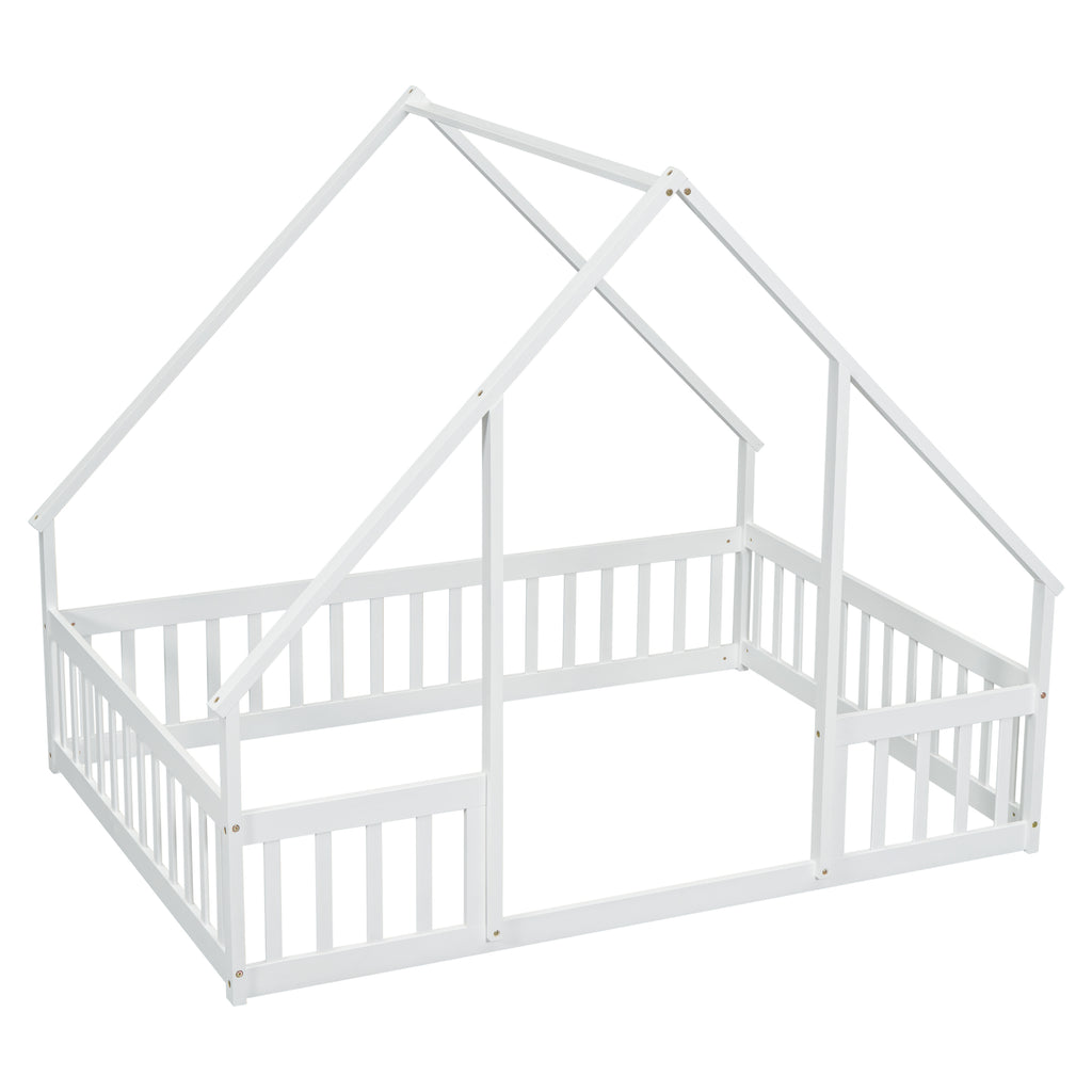Full Wood House-Shaped Floor Bed with Fence, Guardrails