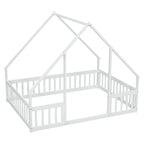 Full Wood House-Shaped Floor Bed with Fence, Guardrails