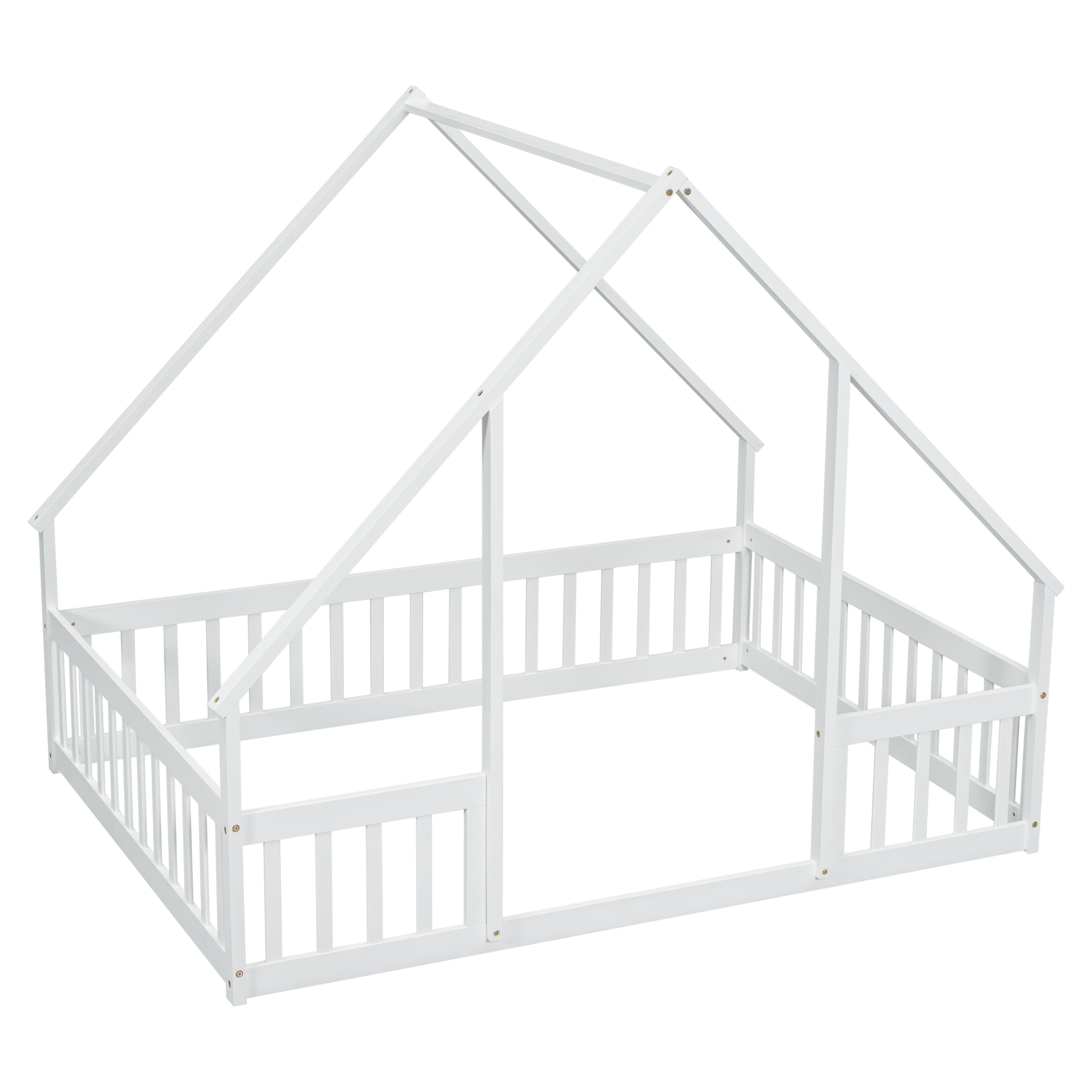 Full Wood House-Shaped Floor Bed with Fence, Guardrails